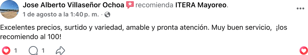 Reseña real de Facebook de Jose Alberto Villaseñor Ochoa sobre ITERA Mayoreo