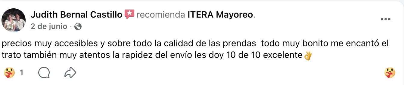 Reseña real de Facebook de Judith Bernal Castillo sobre ITERA Mayoreo