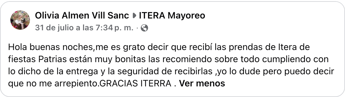 Reseña real de Facebook de Olivia Almen Vill Sanc sobre ITERA Mayoreo