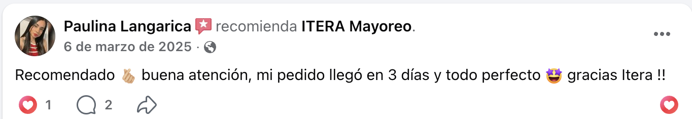 Reseña real de Facebook de Paulina Langarica sobre ITERA Mayoreo