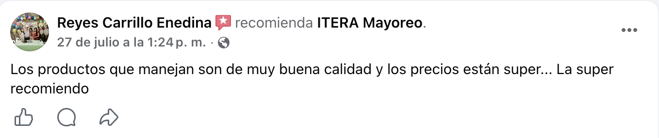 Reseña real de Facebook de Reyes Carrillo Enedina sobre ITERA Mayoreo