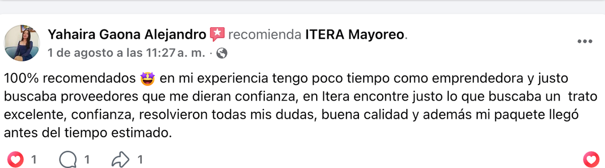 Reseña real de Facebook de Yahaira Gaona Alejandro sobre ITERA Mayoreo